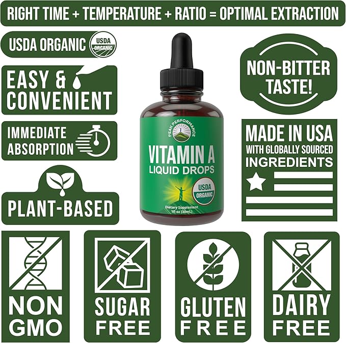 USDA Organic Vitamin A Liquid Drops Supplement - Vegan High Bioavailability for Eye, Skin + Bone Health - for Adults, Men, Women, Kids - Vit A Oil Retinyl Palmitate - Gluten Free, Zero Sugar 1 fl oz