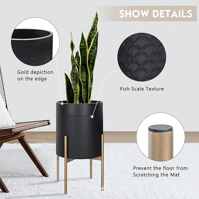 Oakrain Planters for Indoor Plants, Set of 2 Mid Century Modern Planter with Stand, Decorative Metal Planter Pots for Living Room, Office, Garden or Balcony, Matte Black, 10"&12"