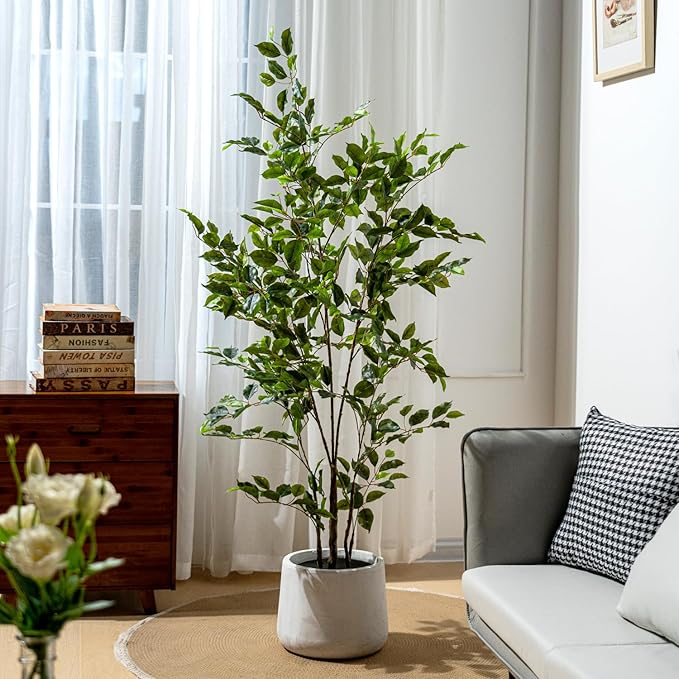 Bailikang Artificial Ficus Tree Indoor 5ft, Large Potted Faux Tree with Realistic Silk Leaves & Trunk for Home Office, Living Room Corner Decor