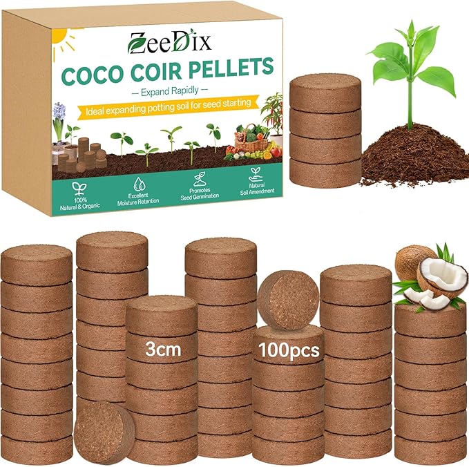 ZeeDix 100 Pcs (30mm) Compressed Coco Coir Fiber Potting Soil Seed Starters - Organic Coco Coir Pellet Fiber Soil for Planting Bonsai, Herbs, Plants, Flowers and Vegetables