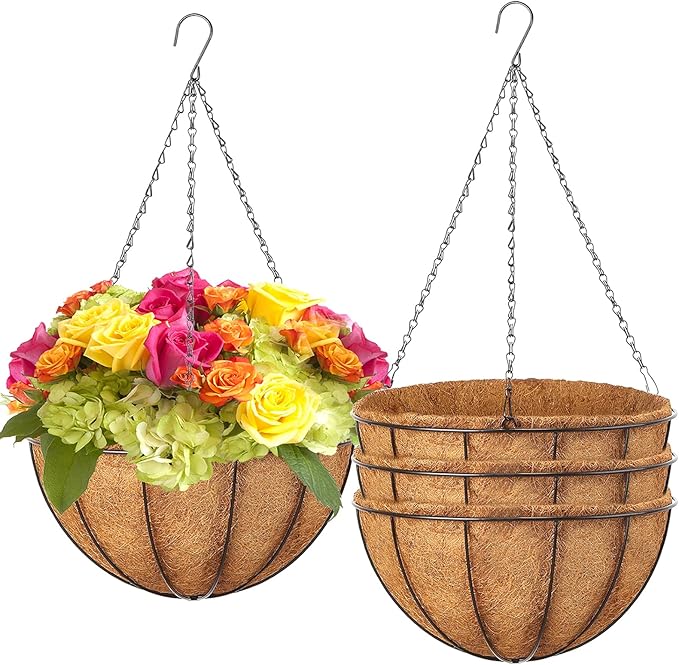 LCHUANG Hanging Baskets Planter for Plants - 4 Pack 12 Inch Metal Baskets with Coco Coir Liner, Hanging Flower Pots for Outside with Chain, Indoor Outdoor Garden Porch Decoration (12'' Pack of 4)