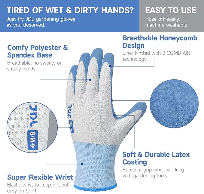 JDL Gardening Gloves for Women, 2 Pairs Breathable Latex Coated Yard Garden Gloves, Rubber Outdoor Protective Work Gloves with Grip, Blue, Small Size