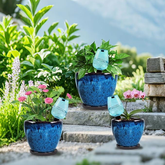Ceramic Pots for Plant with Self Watering Globes, 8 inch Planters for Indoor Plants with Saucer, Glaze Flower Pots Outdoor with Drainage Holes, Decorative Garden Pots