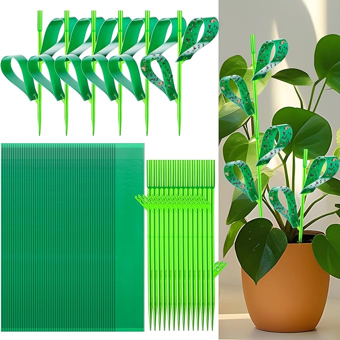 100 Pcs Gnat Sticky Traps for Plants, Sticky Traps for Gnats with 20 Stakes to Control, Aphids, Plant Bug, Mosquito Bits and Whiteflies(Green)