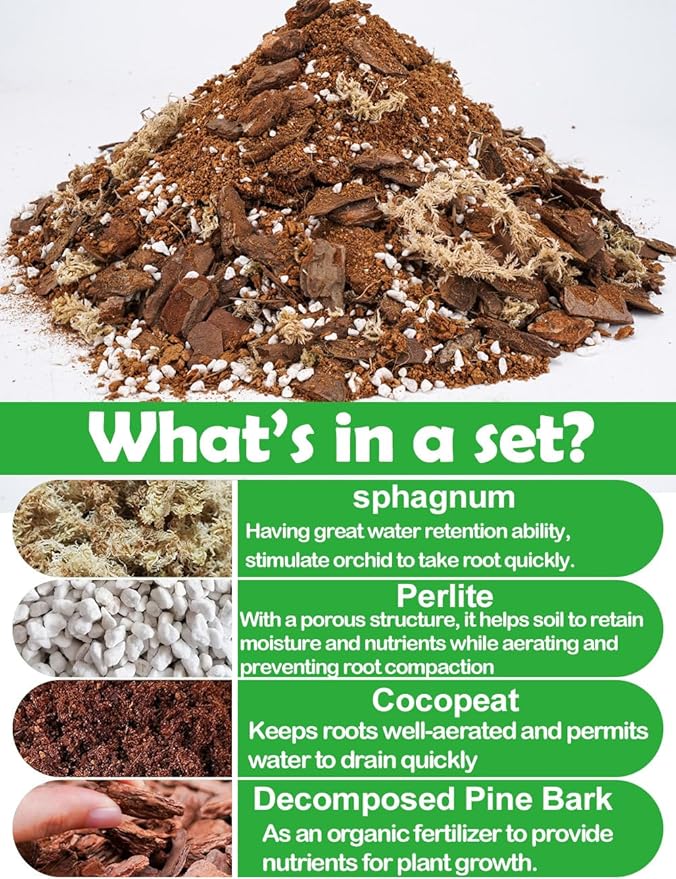 TOYPOPOR 3qt Orchid Potting Mix with Moss Pine Bark Mulch Perlite Stone & Coco Peat Natural Ingredients, Orchid Repotting Kit Drainage Indoor Potting Medium Great for Plant Root Climbing & Expanding