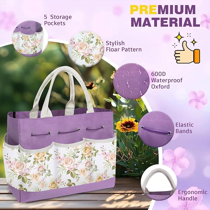 22Pcs Gardening Tools Set for Women Heavy Duty Garden Hand Tool Kit for Mom Beginner Gardening Accessories with Large Tote Bag/Shovel/Repotting Mat/Plant Labels/Gloves-Purple