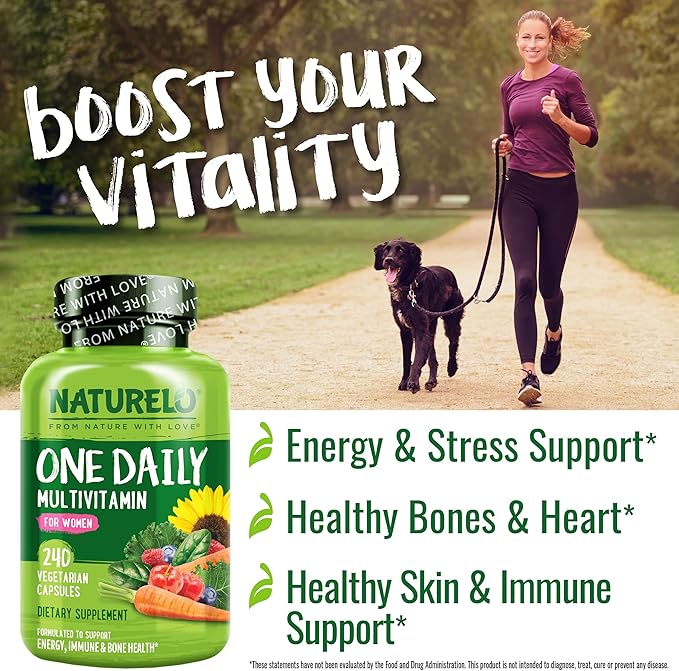 NATURELO One Daily Multivitamin for Women w/Vitamin B12, 240 Ct, Energy Support, Whole Food Daily Women Multivitamin Supplement, Nourish Hair/Skin/Nail, Non-GMO, No Soy, Gluten Free, 8 Month Supply
