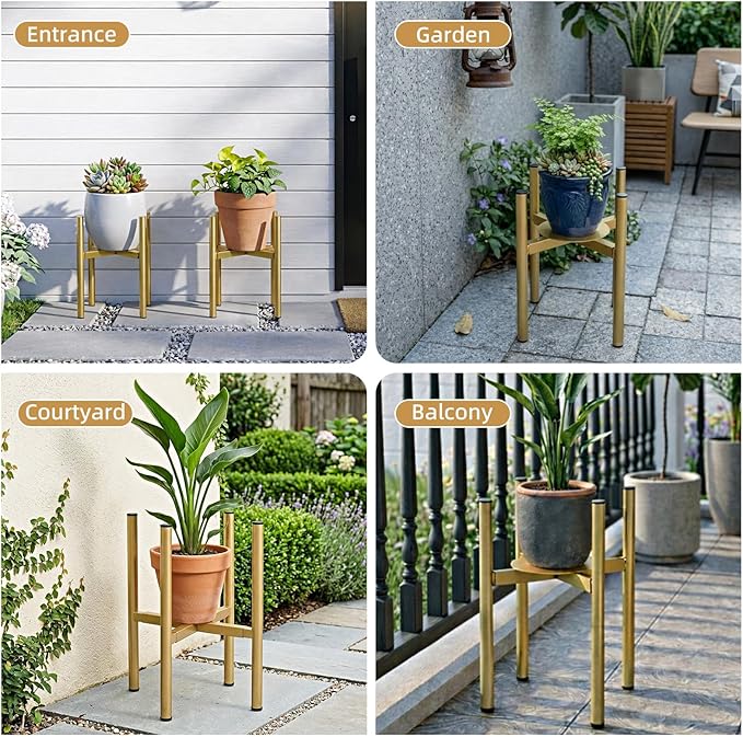 Plant Stand Indoor for 2 Height Options ,Mid Century Modern Outdoor Planter Holder,Corner Plant Stand Capacity of 160LB for 8 to 14 Inch Pots Golden with Round Plate