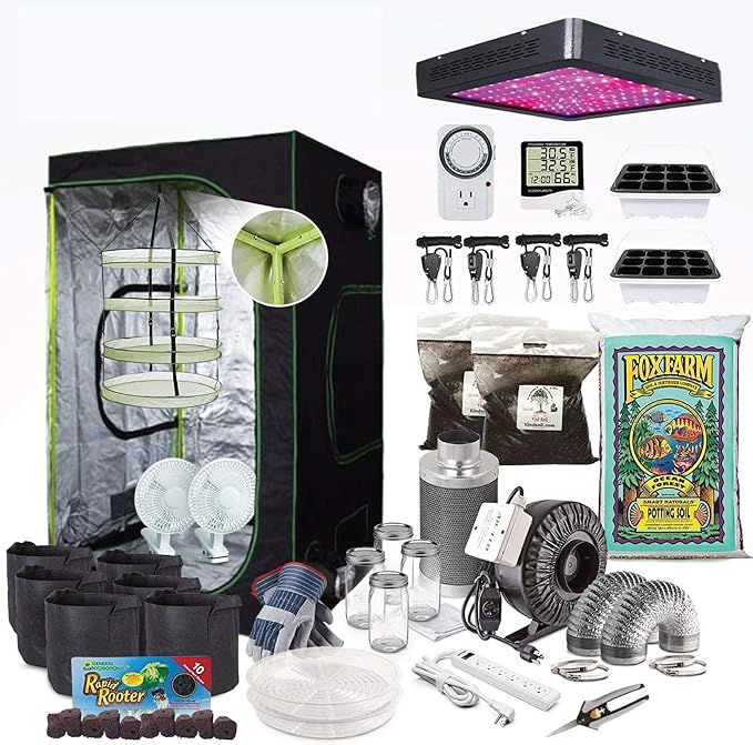48" x 48" x 80" Complete Grow Tent Kit - 600W LED Grow Light, Black, Aluminum, Mylar