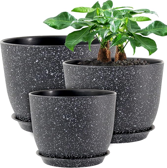 UOUZ 12/10/9 Large Modern Plant Pots, Plastic Planters with Drainage Holes and Saucers for Indoor Outdoor Plants Flowers, Black Speckles