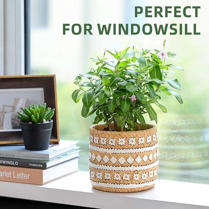 vomiceak Concrete Rattan-Style Plant Basket Planter, 5" Plant Pots Indoor Outdoor with Drainage Hole, Boho Flower Pot for Succulents, Herbs, Modern Farmhouse Decor, Ideal Gift for Plant Lovers