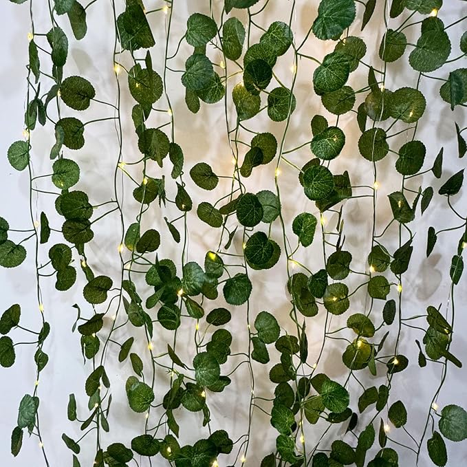 6 Pcs Artificial Hanging Plants Begonia Leaf Vines With 60 Warm Lights, Begonia Vine Leaves, Fake Plant Vine Hanging Garland for Wall, Party Wedding, Home, Kitchen, Indoor and Outdoor Decoration