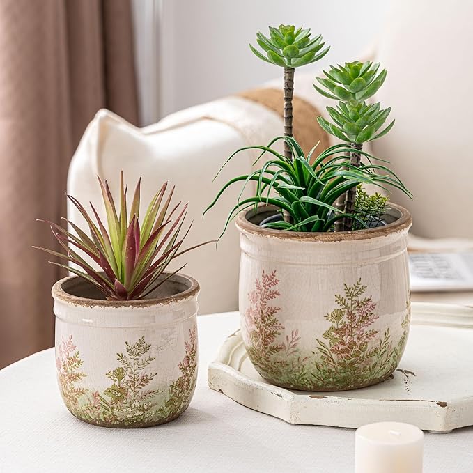 SURE YUESI Vintage Pink and Green Ceramic Planter Set of 2, 4.7+5.7 Inch Rustic Flower Pots for Indoor Plants, Decorative Ceramic Plant Pots for Home, Living Room, Garden, Gardening Gift