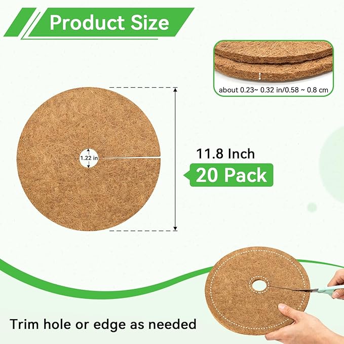 ZeeDix 20 Pack Coconut Fiber Mulch Ring, 11.8 Inch Coco Coir Tree Ring Mulch Mat, 100% Natural Tree Protector Mat Plant Cover Ring Coconut Coir Discs Tree Mats Mulch Rings for Indoor Outdoor Plants