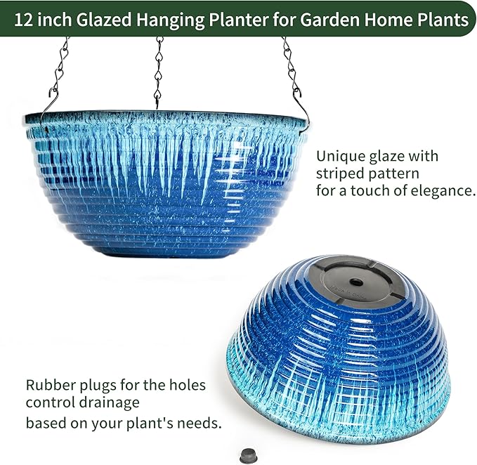 Vanslogreen 12 inch Hanging Planters for Indoor Outdoor Plants, 2 Pack Large Hanging Flower Pots with Drainage Holes and Chain, Glazed Hanging Baskets for Home Garden Decoration (Blue Flow Glaze)