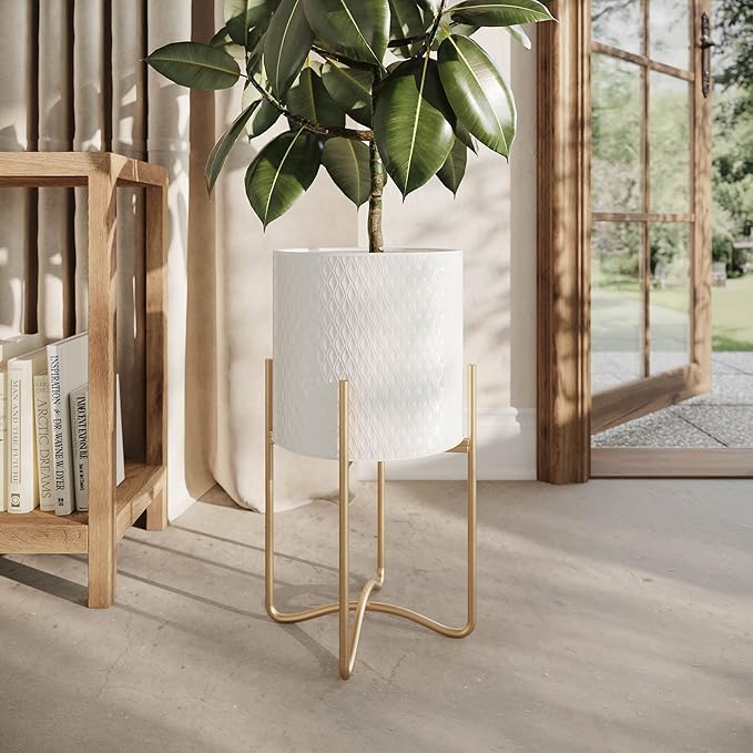 EverNest Claire Mid-Century Modern White Plant Pot with Ambrose Stand, SelectBase, Indoor Plant Pot, Bohemian Style, Minimalist Plant Home Décor (Large, Gold)