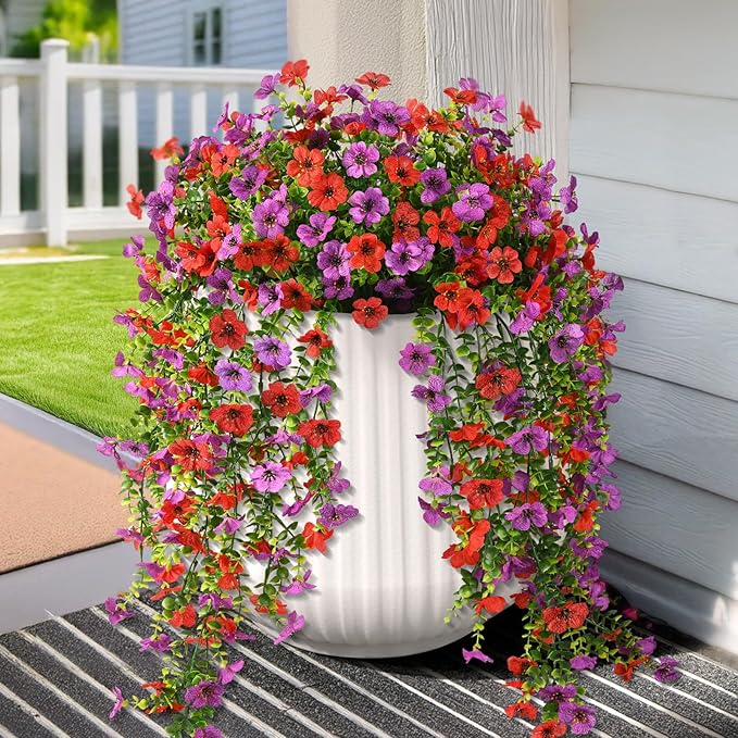 Hommyea Artificial Hanging Flowers for Outdoors, 2 Pcs Fake Hanging Plant Spring Summer Decor, UV Resistant No Fade Faux Silk Daisy Flower for Planter Front Door Porch Patio Yard Garden(Red Purple)