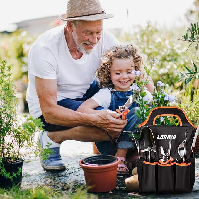 9 Piece Garden Tool Set - Heavy Duty Stainless Steel Gardening Hand Tools with Ergonomic Non-Slip Rubber Handles, Pruning Shears, Trowel and 600D Storage Tote Bag, Gardening Gifts for Women