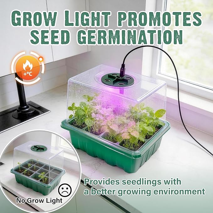 6 Pack Seed Starter Kit with Grow Light 72 Cells Plant Starter Trays with 3.9 Inch Adjustable Humidity Dome Reusable Indoor Plant Germination Tray for Gardening