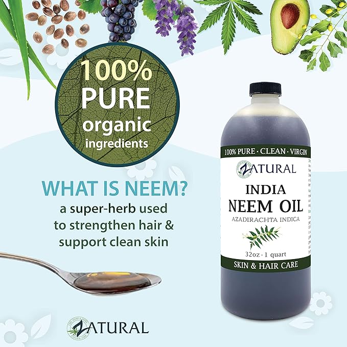 Zatural 100% Pure Neem Seed Oil | Cold Pressed, Undiluted Natural Oil for Skin Conditioning, Hair Moisture & Botanical Blending (32 Fl Oz)