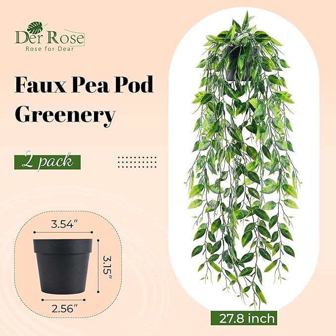 Der Rose 2 Pack Fake Hanging Plants Small Artificial Plants Faux Pea Pod Plants Indoor for Aesthetic Living Room Office Shelf Decor