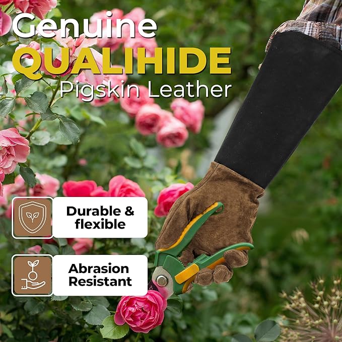HANDLANDY Long Gardening Gloves for Men & Women, Pigskin Leather Rose Pruning Gloves, Breathable Thorn Proof Gauntlet Glove (Coffee Brown, L)