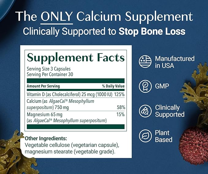 ALGAECAL - Plant Based Calcium Supplement for Women & Men - Organic Calcium 750mg with Vitamin D3 1000 IU, 13 Minerals for Bone Strength, Bone Health Support, 90 Veggie Caps (1 Pack)