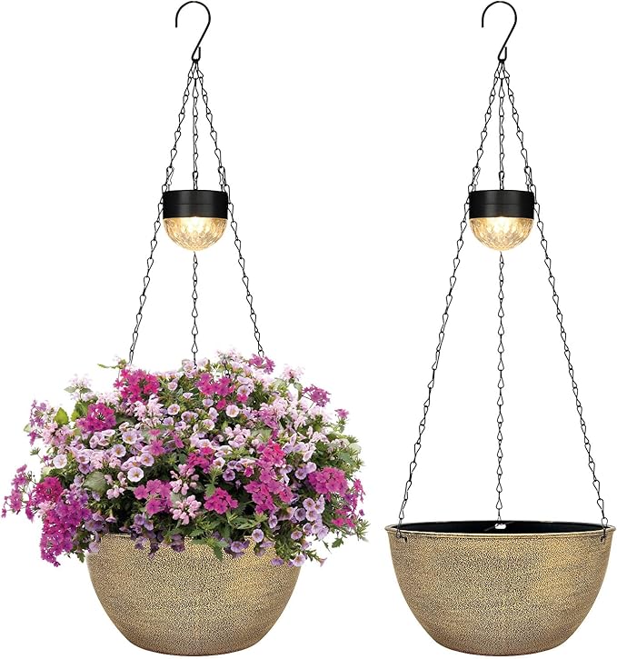 BAYN 2 Packs Solar Hanging Basket Planters for Plants Outdoor, Self Watering Copper Flower Plants Pots with Solar Light Drainer for Balcony Patio Garden Outdoor Decoration