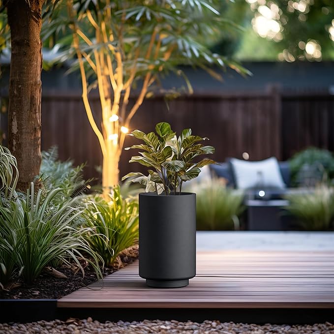 Kante 20.1 Inch Tall Concrete Planter, Round Pedestal Design Garden Pot for Indoor Outdoor Plants, Modern Garden Pot with Drainage Hole, Black Finish with Painted Interior