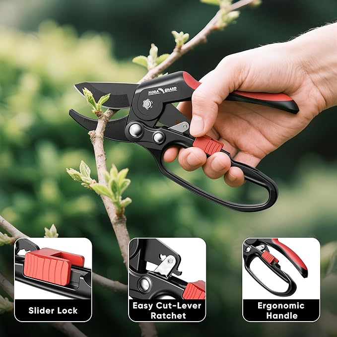 FLORA GUARD Ratchet Pruning Shears for Easy Cutting, Heavy Duty Garden Clippers for Thick Branches, 3-Step Ratcheting Hand Pruners for Weak Hands, Seniors & Gardening