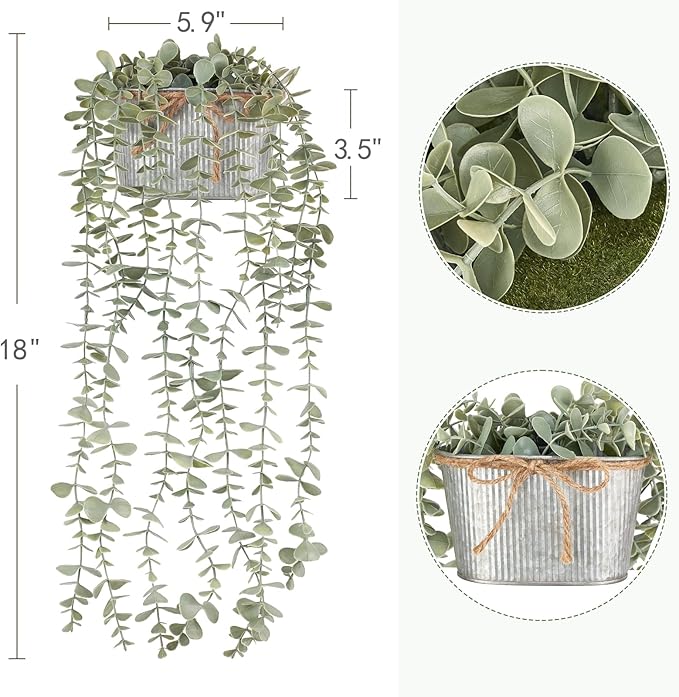 Mkono Fake Hanging Plants in Farmhouse Galvanized Pots Rustic Faux Potted Eucalyptus Greenery Indoor Artificial Plants for Book Shelf Mantel Living Room Bathroom Bedroom Home Office Decor (2, Grey)