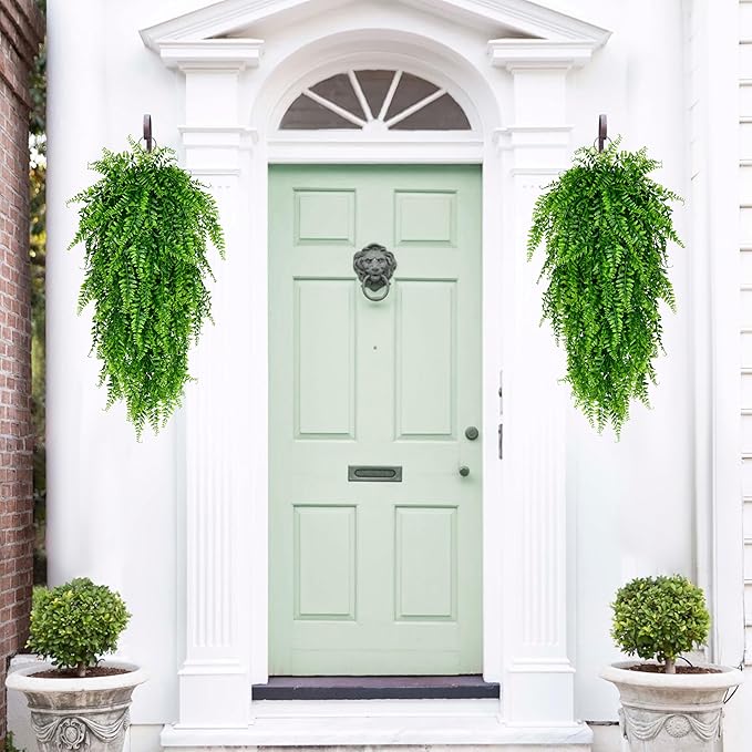 Waipfaru 8Pcs Fake Hanging Plants Artificial Ferns for Outdoors，Fake Ferns UV Resistant Plastic Fake Plants for Indoor Wall Porch Wedding Party Holiday Decor