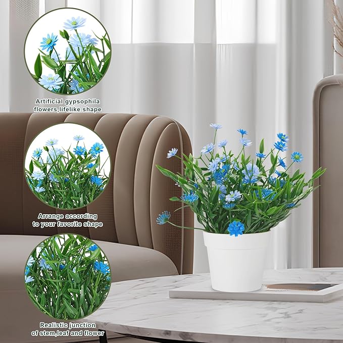 Fake Plants Daisy for Bathroom Decor, Small Potted Artificial Plants Indoor for Shelf Desk Home Bathroom Farmhouse Room Coffee Table Decor, Blue (Pack of 2)