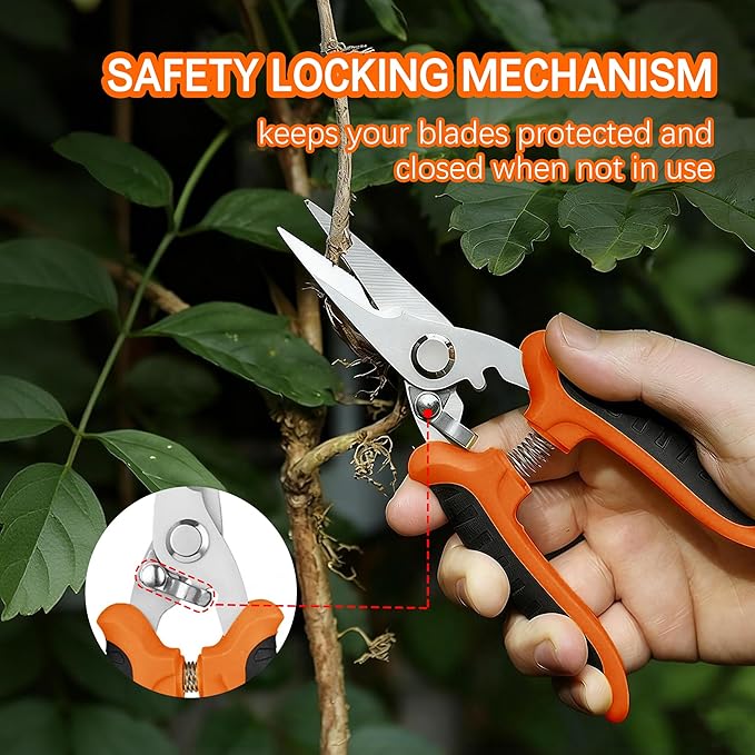 3PCS Garden Pruning Shears Set - Heavy Duty Bypass Pruners, Sharp Stainless Steel Gardening Scissors with Ergonomic Handle, Secateurs for Plants, Flowers, Fruit Trees, Bush Trimming (Orange)