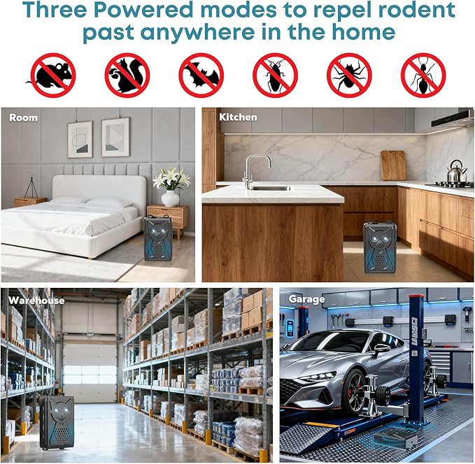 Ultrasonic Pest & Rodent Mouse Squirrels Repellent,1 Pack Plug-in Electronic Rat Bat Bug Spider Repeller, Battery Operated Deterrent Control Mice for Car Engines, Replace Mouse Traps Indoor, Outdoor