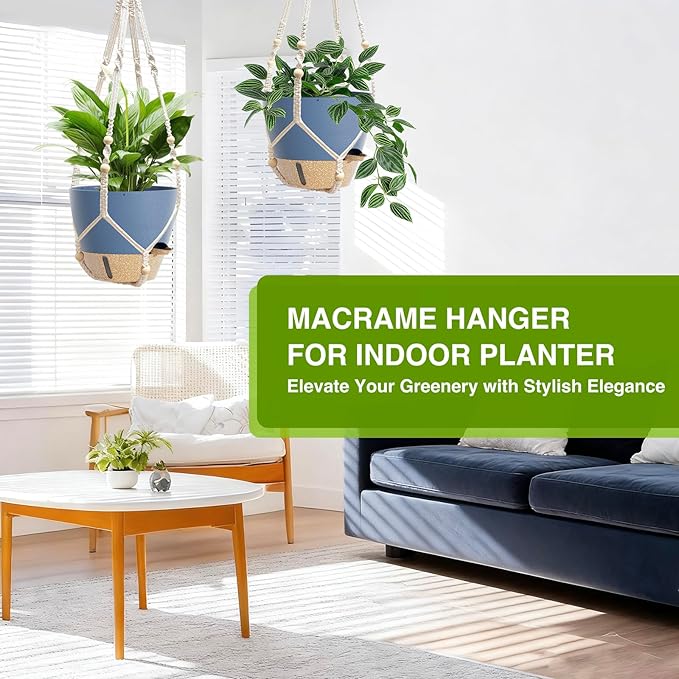 LEWESU Set of 2 Hanging Planters for Indoor Plants with Self Watering Includes Hanging Pots and 2 Types Plant Hangers, Outdoor Hanging Baskets Holder for Home Garden, 10 Inch Aegean Blue