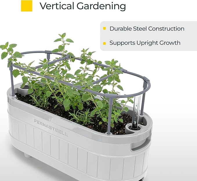 Permasteel Herb Garden Planter with Trellis Support, Self-Watering System with Water Level Indicator, Fits Multiple Herb Plants, for Basil, Flowers, Succulents, Indoor & Outdoor, White