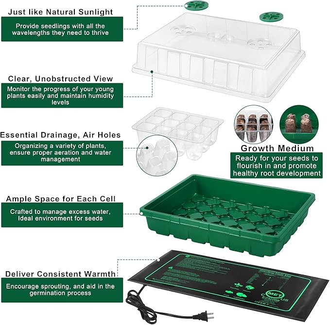 Hahood Seed Starter Kit with Grow Light Seedling Heat Mat 48 Cells Seed Starter Tray with Humidity Dome and Base Germination Trays Plastic Growing Trays Plant Propagation Kit for Seed Starting, Green