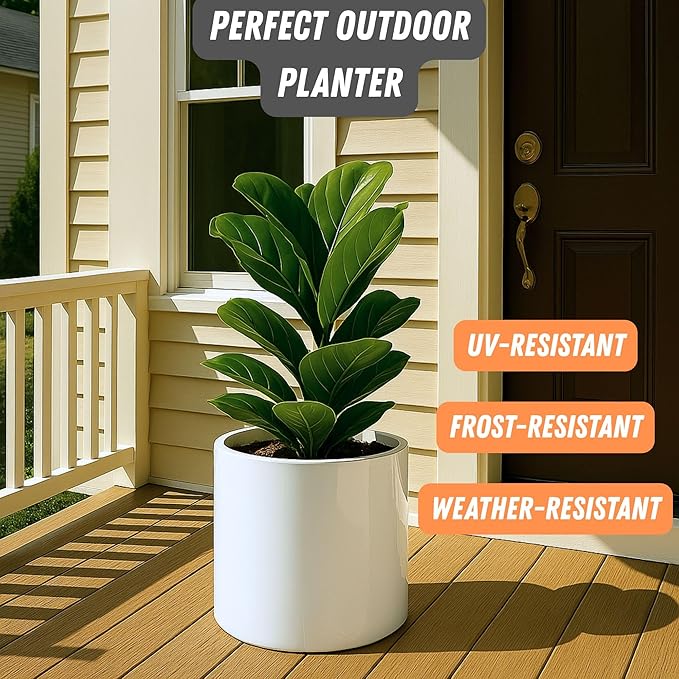 Fox & Fern 12" Large Plant Pot Fits Plant Stand - Drainage Plug - Outdoor Indoor - Matte White