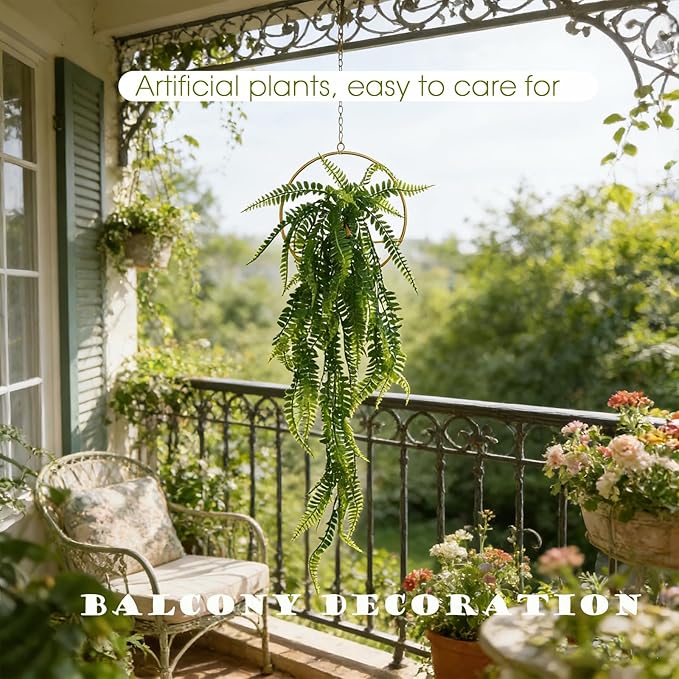 GREENTIME 2 Pack Artificial Boston Fern 28" Fake Hanging Plants with 8" Round Metal Hanging Planter for Indoor Wall Decor Living Room Boho UV Resistant No Maintenance Office Decoration Outdoor