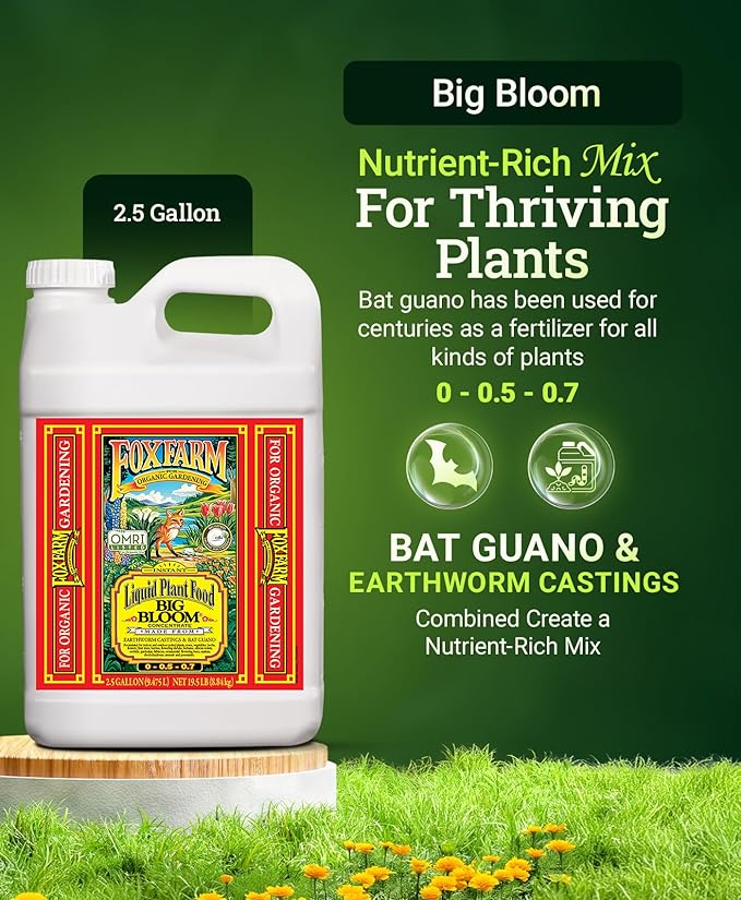Fox Farm Big Bloom Liquid Plant Food - Organic Bloom Fertilizer for Flowering & Fruiting Plants, Contains Earthworm Castings & Bat Guano - Supports All Stages of Plant Growth - 0-0.5-0.7 NPK,2.5Gallon