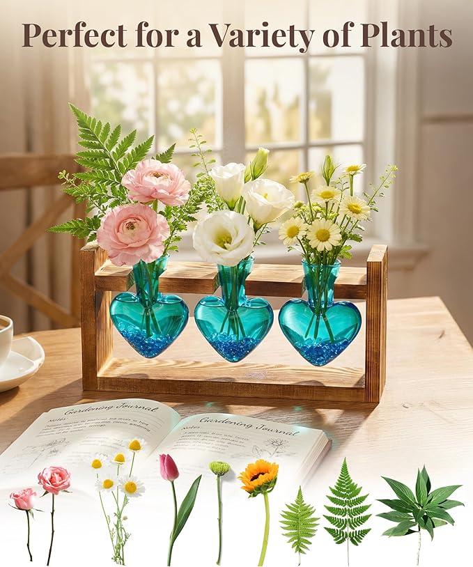 Nacome Plant Terrarium Propagation Stations: Mothers Day Gifts for Mom Plant Lovers Women Wife Daughter - 3 Bulb Glass Vases with Wooden Stand Tabletop for Hydroponics Home Garden Decor