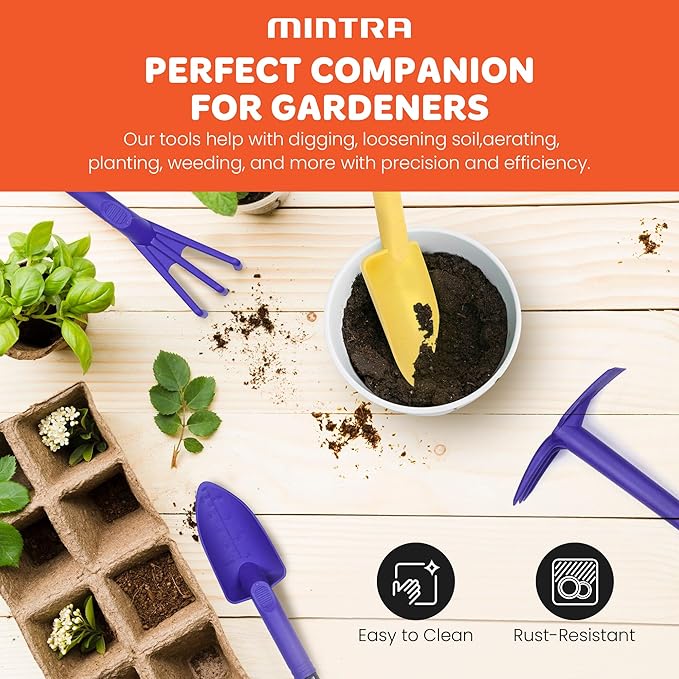 Mintra Garden Tool Set, 4 Piece Heavy Duty Gardening Tools Including Cultivator, Trowel, Shovel & Rake, Durable Poly Material & Non-Slip Handle, Garden Hand Tools Set for Gardening Gift, Orange