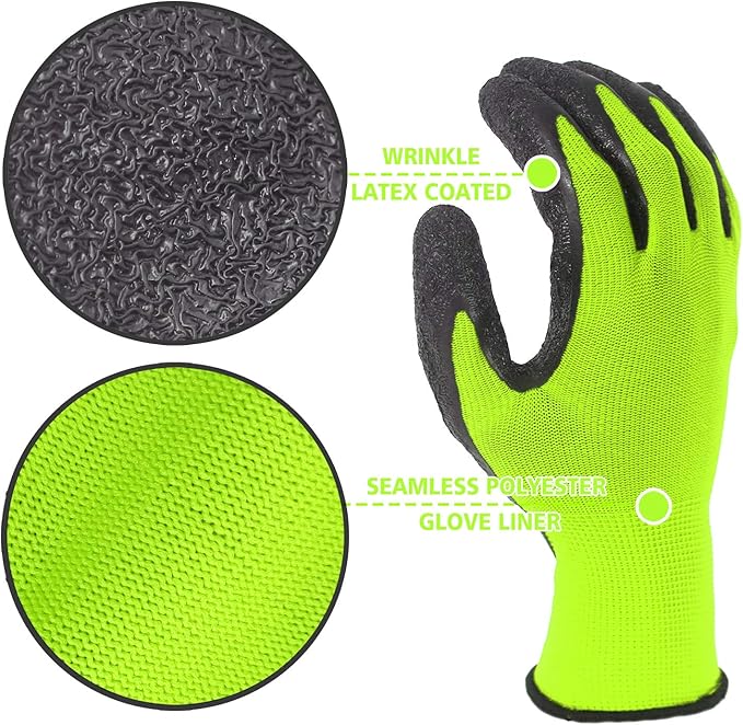 Evridwear Crinkle Latex Rubber Hand Coated Safety Work Gloves for Men Women General Multi Use Construction Warehouse Gardening Assembly Landscaping (XXL,12 Pairs Pack)
