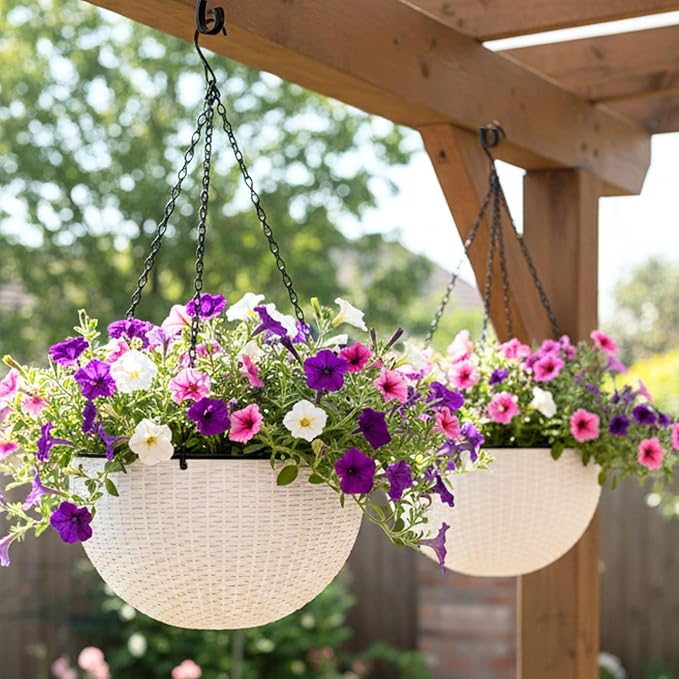LaLaGreen Indoor Hanging Planter (11 Inch, 2 Pack) Self-Watering Round Flower Pot with Water Level Indicator, White Rattan Style Hanging Basket on Metal Chain for Balcony, Porch, Patio, Garden Decor