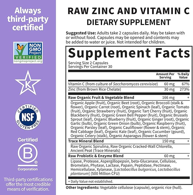 Garden of Life Zinc Supplements 30mg High Potency Raw Zinc and Vitamin C Multimineral Supplement, Vitamin Code Vitamins Trace Minerals & Probiotics for Skin Health & Immune Support, 60 Vegan Capsules