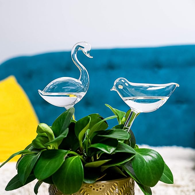 Kingbuy Self Watering Globes Plant Waterer Device Swan Shape Hand Blown Clear Glass Bulb for Indoor Outdoor Plants, 2 Pack