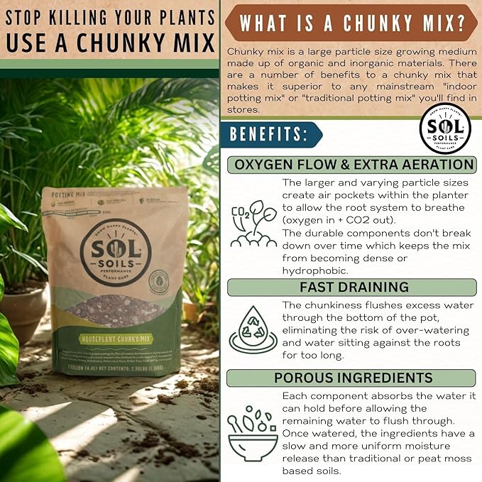 Sol Soils Chunky Houseplant Mix - Fast Draining Soil for Indoor Plants with Coco Coir Chips, Perlite, & Pumice, 2 Quart