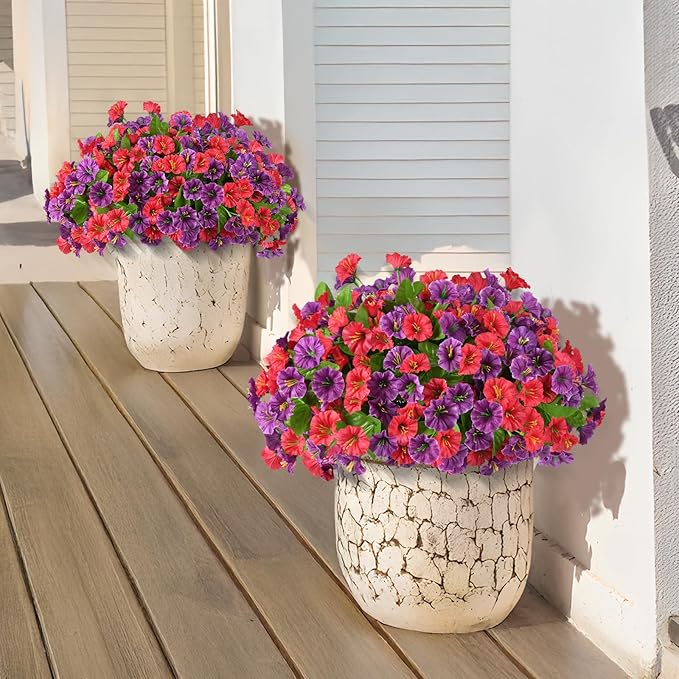 Homsunny Artificial Fake Hanging Flowers with Basket for Outdoors, Faux Silk Petunias Flower Spring Summer Decor UV Resistant Look Real Outside Patio Front Porch Decorations