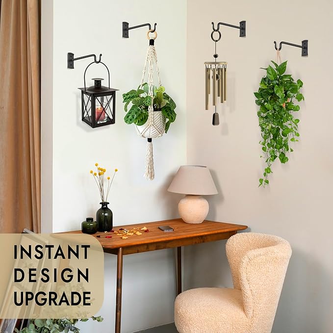 RTZEN Plant Hangers Outdoor or Indoor - Wrought Iron Metal Hanger Indoor Hook - Heavy Duty Wall Bracket Hooks for Hanging Plants Baskets Lanterns Wind Chimes - 2 Pack (Black Shepherds Hooks 10")